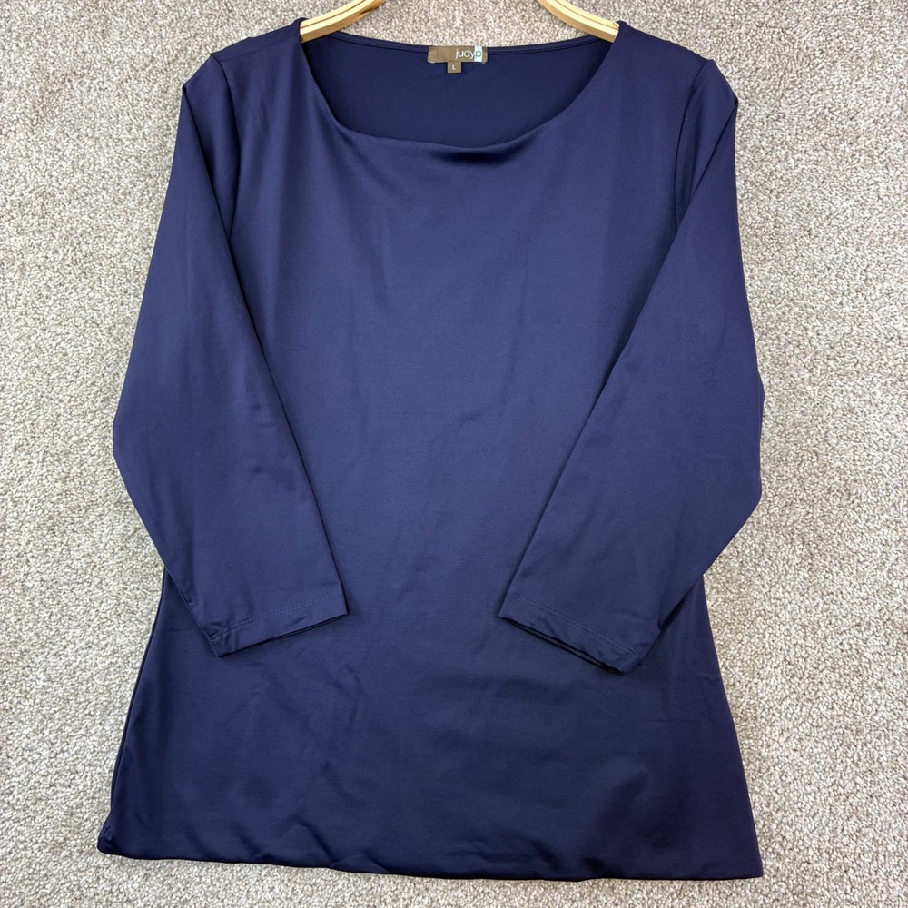 JudyP Tunic Top Size L Navy Blue Boat Neck Stretch Minimalist Professional USA